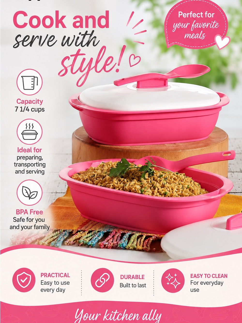 Tupperware Hot Pink Serve & Store Dish with White Lid and Hot Pink Spoon